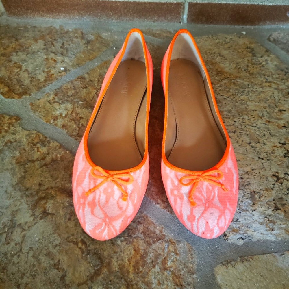 J. Crew neon peach/coral lace ballet flats, 7.5